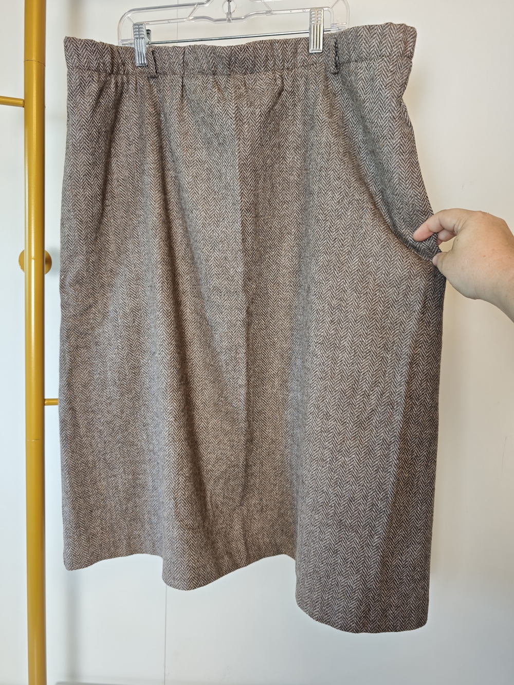 Vintage Academia Plus Size 2X Wool Tailored Brown Herringbone Pockets Midi Skirt